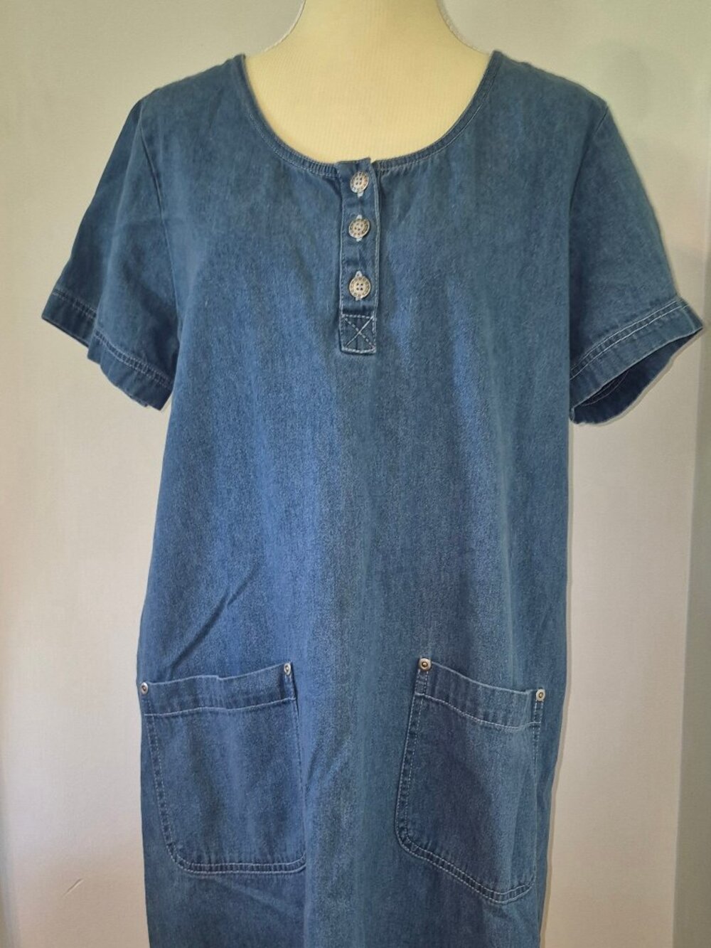 Vintage 90s Falls Creek M Denim Maxi Jumper Dress 100% Cotton Gingham Pockets